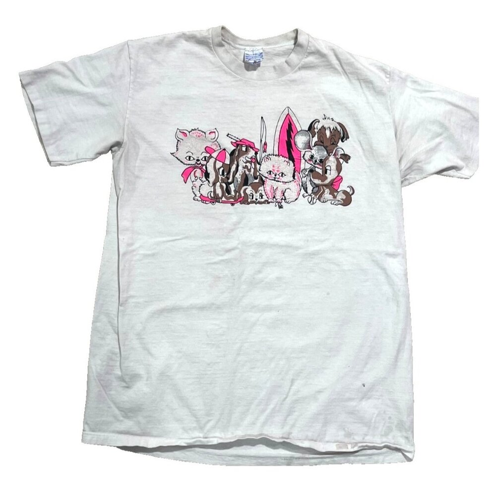 Vintage Crazy Shirts Puffed Surf Cat Kittens Dogs Hibiscus White Shirt M Hawaii